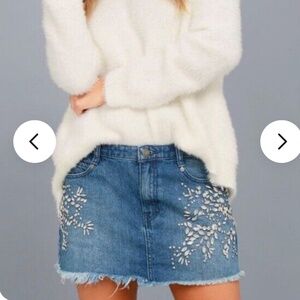 NWT Free People 4 Denim Jean Mini Skirt Embellished Stones Cotton (4)